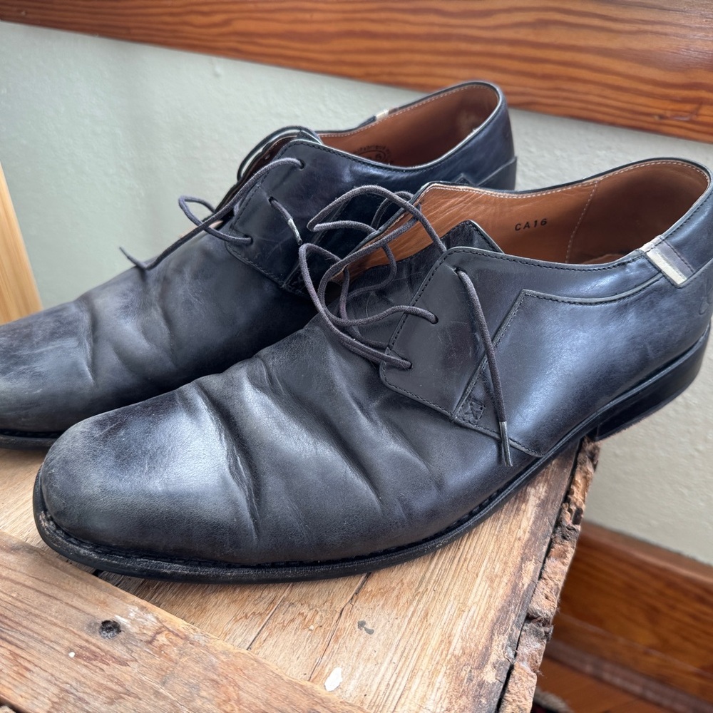 John Fluevog Wisdom Black Leather Derbys, Size 10.5